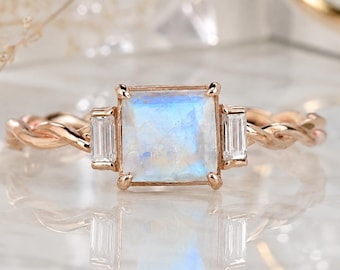 Rainbow Moonstone Engagement Ring, Rose Gold Twisted Vine Ring, Emerald Cut Moonstone Ring, Baguette Side Stone Promise Ring -Ring for Women