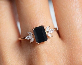 Natural Black Onyx Ring-Emerald Cut Onyx Ring-14K Gold Onyx Ring-Engagement Ring-Cluster Gold Ring-Bridal Ring-Promise Ring-Anniversary Gift