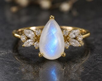 Anel com Pedra da Lua em Formato de Pera, Anel de Noivado em Ouro 14K, Anel de Compromisso Exclusivo, Anel com Conjunto de Diamantes, Joia com Pedra de Nascimento de Junho, Anel Delicado em Ouro