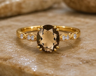 Bague de fiançailles quartz fumé en or, bague quartz fumé ovale, bague accent diamants vintage, bague de promesse pour femme, bague solitaire,
