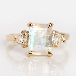 Natural Moonstone Ring-Emerald Cut Moonstone Ring-14K Gold Ring-SIlver Ring-Rose Gold Ring-Engagement Ring-Anniversary Ring-Ring For Women