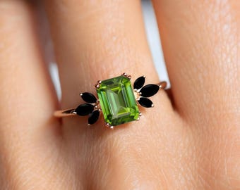 Vintage Art Deco Emerald Ring, Rose Gold Floral Cluster Ring for Women, Black Diamond Accent Jewelry, Nature Inspired Anniversary Gift