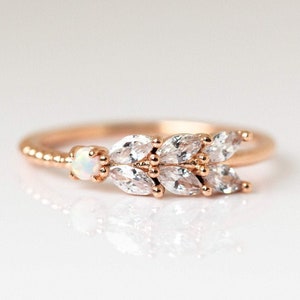 Opal Leaf Ring, Rose Gold Botanical Stacking Band, Marquise Vine Ring, Dainty Nature Inspired Jewelry, Boho Promise Ring Honey Dew Opal Ring