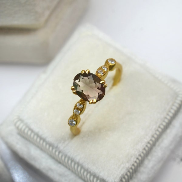 Smoky Quartz Ring-14K solid Gold Ring-Silver ring-Engagement ring-Black Diamond Ring-art deco ring-minimalist ring-ring for women