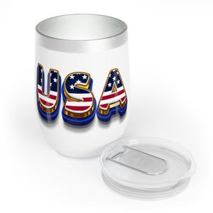 Patriotic Wine Tumbler, USA Travel Mug, 4th of July Gift, American Flag Wine Cup, Stainless Steel Drinkware