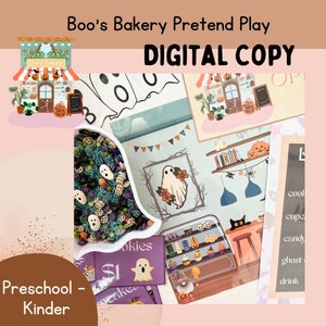 May include: A digital printable set for pretend play, featuring a Halloween-themed bakery. The set includes a bakery storefront, a ghost-shaped sensory bin, price tags, and a menu with items like "cookies", "cupcakes", "candy", "ghost", and "drink".
