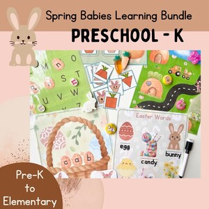 May include: A set of printable educational activities for preschool and kindergarten children featuring a spring theme with bunnies, eggs, and carrots. The activities include matching, word recognition, and tracing.
