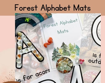 Forest Alphabet Mats, nature learning mats, forest schooling, woodland forest phonics set, playdough mats, outdoor learning activities