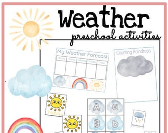 May include: A digital download of preschool weather activities. The activities include a weather forecast chart, counting raindrops, and matching letters to clouds. The activities are illustrated with watercolor images of a sun, clouds, rainbows, and raindrops.
