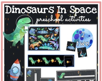Könnte beinhalten: Ein Satz druckbarer Vorschulaktivitäten mit Dinosauriern im Weltraum. Die Aktivitäten umfassen ein Buchstaben-Suchspiel, ein Zahlen-Erkennungsspiel, eine Malübung und ein Zahlen-Zuordnungsspiel. Die Aktivitäten sind für Kinder im Alter von 3-5 Jahren konzipiert.