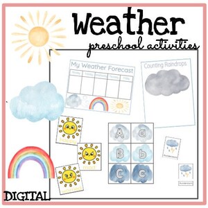 Op de afbeelding: Een digitale download van voorschoolse weeractiviteiten. De activiteiten omvatten een weerkaart, het tellen van regendruppels en het matchen van letters met wolken. De activiteiten zijn geïllustreerd met aquarelbeelden van een zon, wolken, regenbogen en regendruppels.