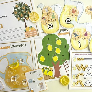 May include: A set of printable educational activity sheets for kids featuring a lemonade theme. The sheets include activities like matching letters, counting, and tracing lines. The sheets are colorful and feature illustrations of lemons, pitchers, and other lemonade-related items.