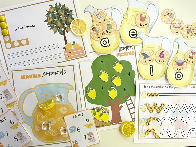 May include: A set of printable educational activity sheets for kids featuring a lemonade theme. The sheets include activities like matching letters, counting, and tracing lines. The sheets are colorful and feature illustrations of lemons, pitchers, and other lemonade-related items.