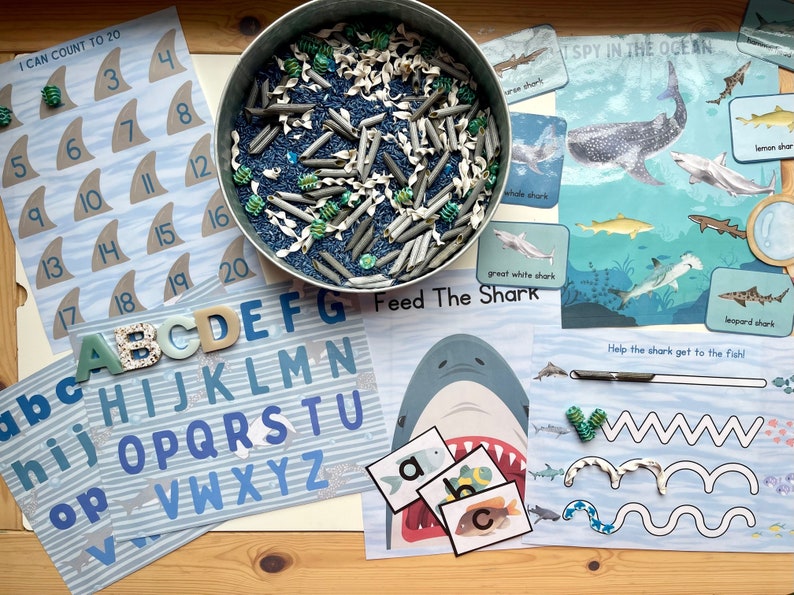 May include: A set of educational toys for children featuring a shark theme. The set includes a counting activity, alphabet cards, a sensory bin with blue pasta and green and white beads, and a "Feed the Shark" game with letter cards and a shark mouth.