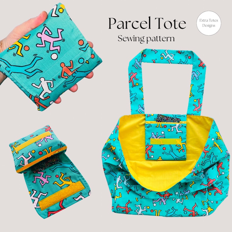 May include: A turquoise tote bag with a yellow lining and a small pocket. The bag has a repeating pattern of colorful stick figures playing with a ball. The bag is folded up and shown in three different positions. The text "Parcel Tote Sewing pattern" is visible in the image.