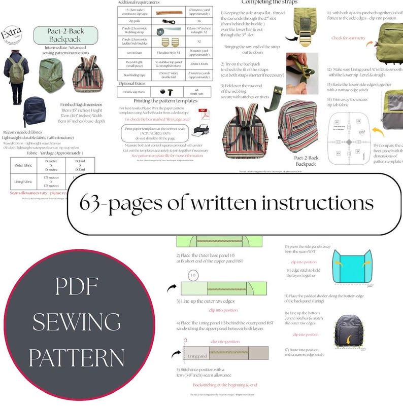 May include: A PDF sewing pattern for a Pact 2 Back Backpack, featuring 63 pages of written instructions. The image includes diagrams and illustrations of the backpack, fabric requirements, and dimensions. The finished bag dimensions are 40.6 cm high, 33 cm wide, and 15.2 cm deep.