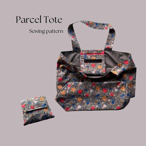 May include: A gray tote bag with a robot pattern and a matching gray zippered pouch. The tote bag has a black zipper and red stitching. The text "Parcel Tote Sewing pattern" is printed above the bag.