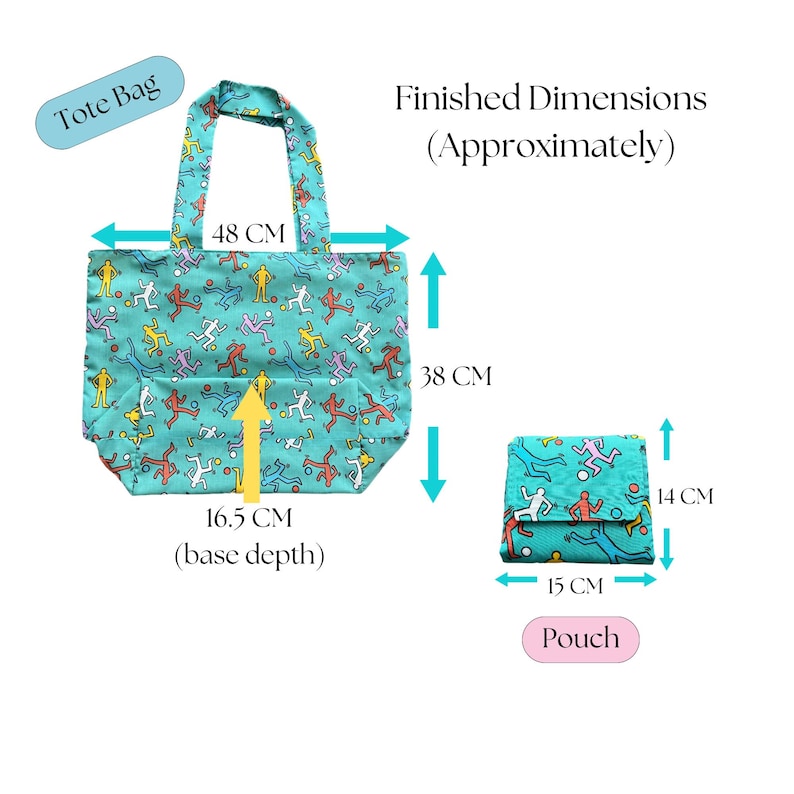 May include: A turquoise tote bag with a colorful repeating pattern of stick figures playing with a ball. The bag measures 48 cm wide, 38 cm tall, and has a base depth of 16.5 cm. A matching turquoise pouch is also shown, measuring 15 cm wide and 14 cm tall.