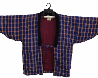 Vintage Kimono japanische traditionelle Noragi Haori Hanten Jinbei Strickjacke Happi Jacke kariert kariert Kunst H595 Blau