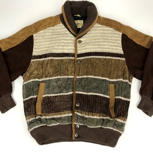 May include: A brown, beige, and gray striped corduroy jacket with a brown suede collar and brown suede accents on the sleeves and pockets. The jacket has a button closure and a ribbed knit collar, cuffs, and hem.