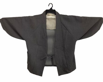 Vintage Uppawari Kimono japanische traditionelle Noragi Haori Hanten Jinbei Strickjacke Happi Jacke Kariert Motive Art H943 Grau