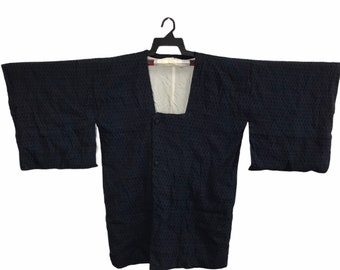 Vintage Kimono Japanese Traditional Noragi Haori Hanten Jinbei Cardigan Happi Jacket Circle Checked Motifs Art H954 Blueblack