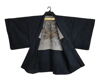 Vintage Kimono Japonés Marca Tradicional Noragi Haori Hanten Jinbei Cardigan Happi Chaqueta Plain Dragon Diseño Interior XL R492s