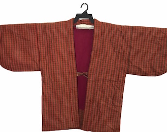 Vintage Kimono Japanese Traditional Noragi Haori Hanten Jinbei Cardigan Happi Jacket Checked Tartan Art H398