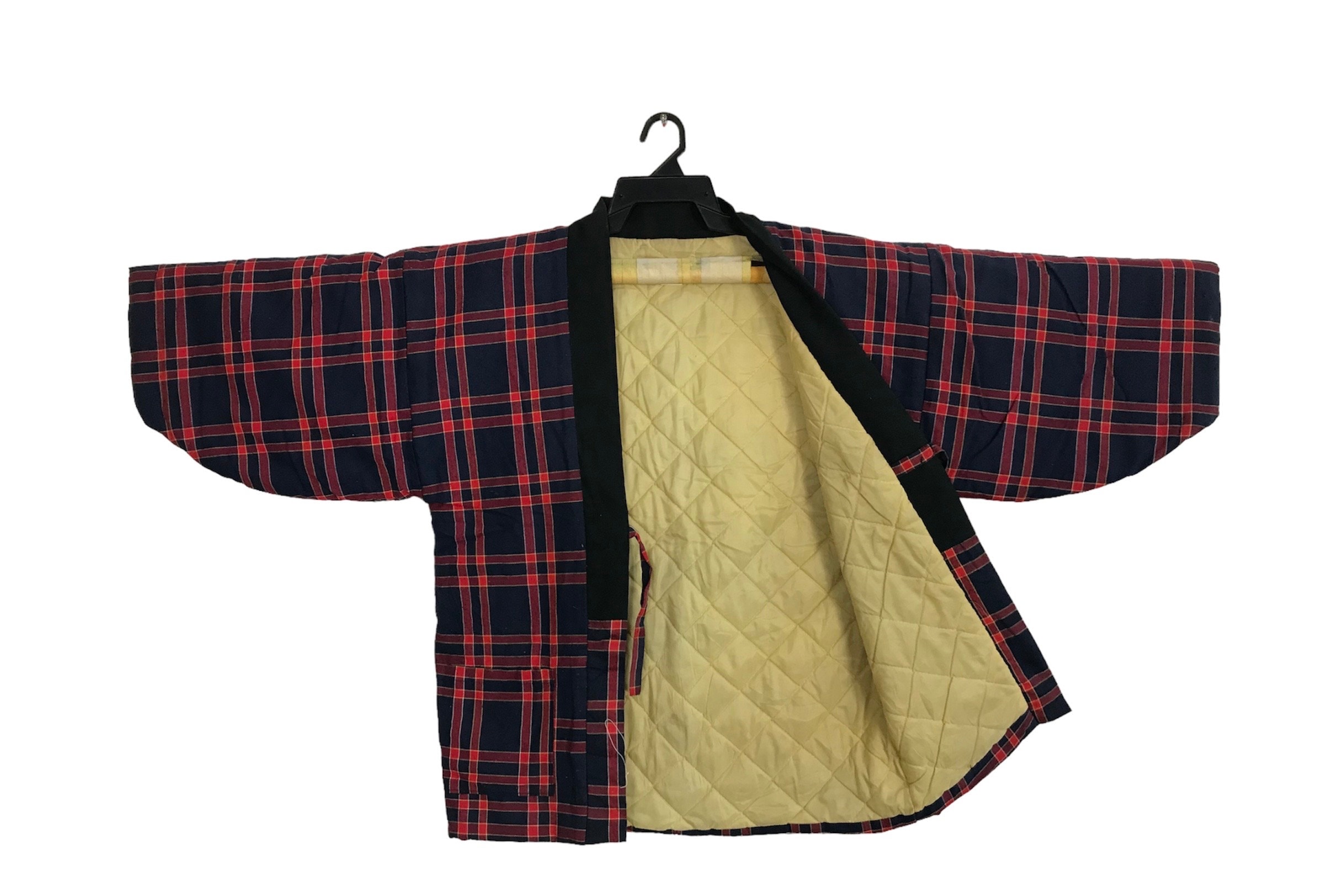 Vintage Padded Kimono Japanese Traditional Noragi Haori Hanten Jinbei Cardigan Happi Jacket Japanese Brand Plaid Checked Motif L R705s