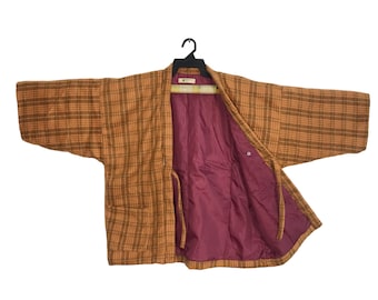 Vintage Padded Kimono Japanese Traditional Noragi Haori Hanten Jinbei Cardigan Happi Jacket Japanese Brand Checked Motif XL R623