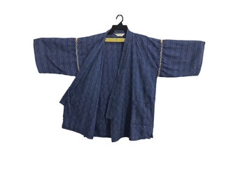 Vintage Kimono japanische traditionelle Noragi Haori Hanten Jinbei Strickjacke Happi Jacke Weben Kagome Motive L846 Marineblau