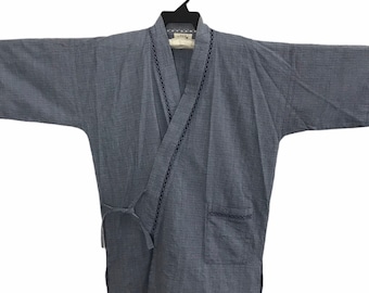 Vintage Kimono Japanese Traditional Noragi Haori Hanten Jinbei Cardigan Happi Jacket Checked Art H786 Grey