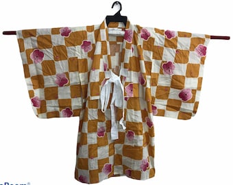 Vintage Kimono Japanese Traditional Noragi Haori Hanten Jinbei Cardigan Happi Jacket Checked Art H418 Tsumori Chisato Issey Miyake Kids Size