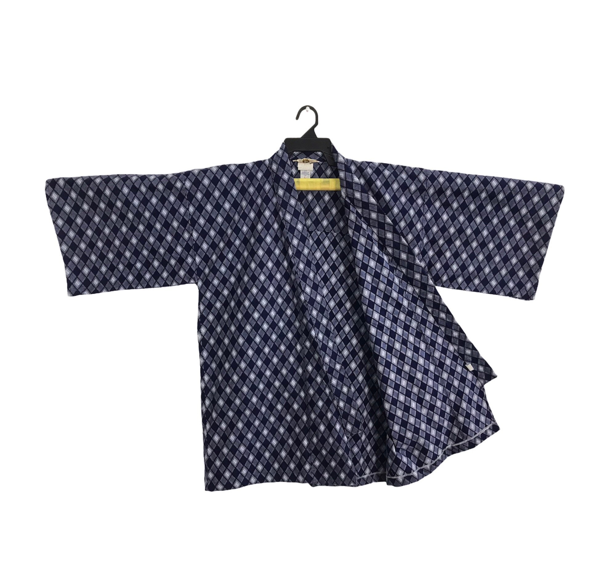 Vintage Kimono Japanese Traditional Noragi Haori Hanten Jinbei Cardigan Happi Jacket Checked Motifs L825 Blueblack