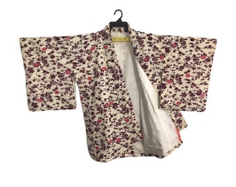 Vintage Kimono Japanische Traditionelle Noragi Haori Hanten Jinbei Strickjacke Happi Jacke Floral Chrysthemun Motive L769 Weiß