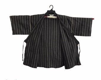 Vintage Kimono Japanese Traditional Noragi Haori Hanten Jinbei Cardigan Happi Jacket Striped Block Art L646 Black