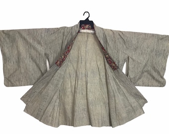 Vintage Kimono japanische traditionelle Noragi Haori Hanten Jinbei Strickjacke Happi Jacke Licht gestreifte Motive L733 Grau