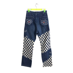 Vintage Potechino Plaid Checked Patchwork Distressed Denim Jeans Indigo Straight Cut Fit Size Waist 26 Inspired Designer Streetwear L1018