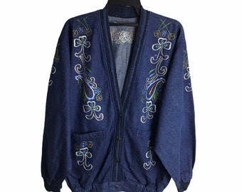 Vintage Kimono Strickjacke Denim Doppeltasche Japanische Traditionelle Noragi Hanten Happi Jacke Knopf Stickerei Motive Art L341 Blau Schwarz