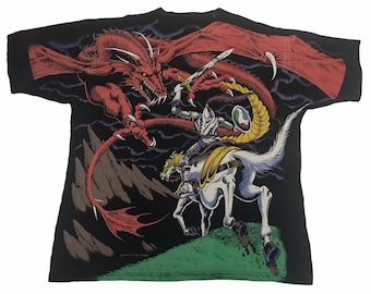 Vintage 1993 Liquid Blue Dungeon & Dragon Fire All Over Print Tee T-shirt Inspired Designer Unisex Wear Streetwear XL L M016 Big Size