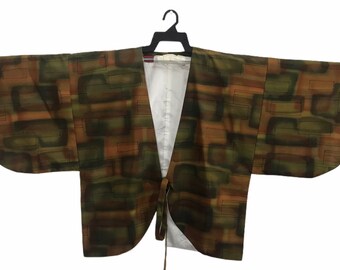 Vintage Kimono Japanese Traditional Noragi Haori Hanten Jinbei Cardigan Happi Jacket Block Art H719 Mud Green Brown