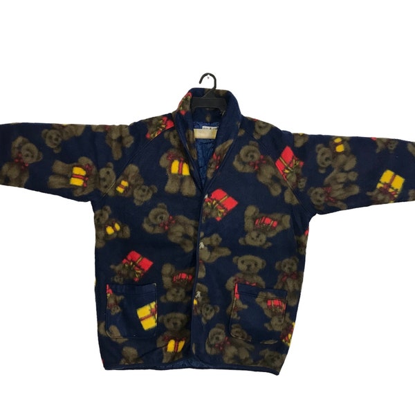 Vintage Fleece Kimono Japanese Traditional Noragi Haori Hanten Jinbei Cardigan Happi Jacket Japanese Brand Teddy Bear Motif XL R460