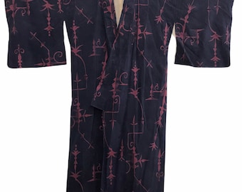 Vintage Kimono Japanese Traditional Noragi Haori Hanten Jinbei Cardigan Happi Jacket Floral Motifs Art H901 Pink/Dark Purple