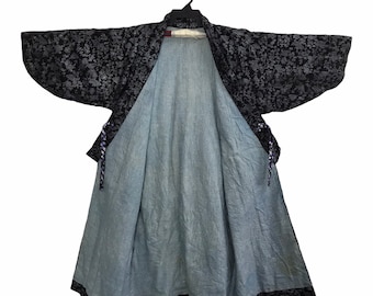 Vintage Kimono Japanese Traditional Noragi Haori Hanten Jinbei Cardigan Happi Jacket Floral Motifs L697 Black
