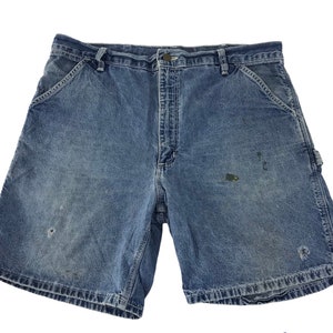 Pantalón corto de trabajo utilitario Carhartt vintage desgastado para hombre, ligero, de mezclilla índigo, diseño inspirado en ropa unisex, talla 36, ropa de calle R054j