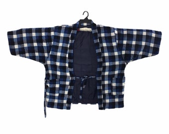 Vintage Padded Kimono Japanese Traditional Noragi Haori Hanten Jinbei Cardigan Happi Jacket Terry Cloth Plaid Checked Art L640 Blue