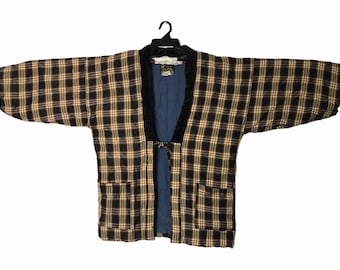 Vintage Padded Kimono Japanese Traditional Noragi Haori Hanten Jinbei Cardigan Happi Jacket Plaid Checked Art H394