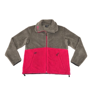 May include: A gray and pink fleece jacket with a zipper closure. The jacket has two pockets on the front and a logo on the left chest.