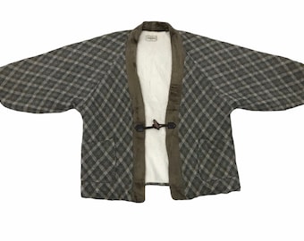 Vintage Kimono Thick Wool Quilted Sherpa Inner Japanese Traditional Noragi Haori Hanten Jinbei Cardigan Happi Jacket Checked Striped L235