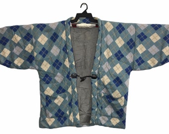 Vintage Kimono Japanese Traditional Noragi Haori Hanten Jinbei Cardigan Happi Jacket Checked Art H396 Padded Lined Square Plaid Checked